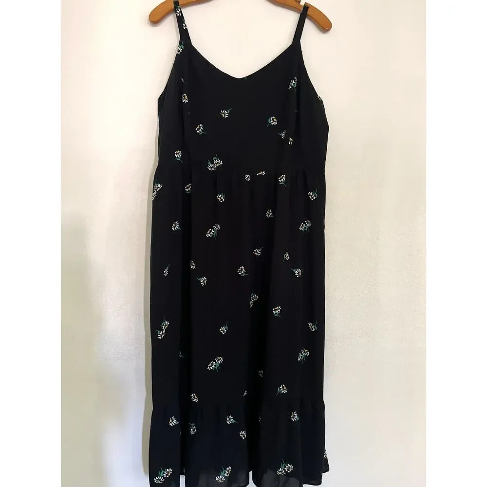 Old Navy Cami Midi Dress XL Black Daisy Print Ruffled Smocked Lightweight - Picture 9 of 10